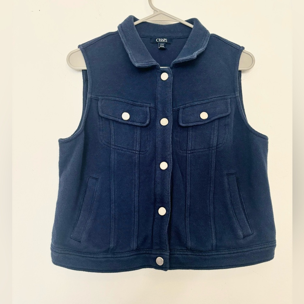 CHAPS NAVY BLUE VINTAGE SNAP BUTTON UP SWEATER VEST SZ LARGE